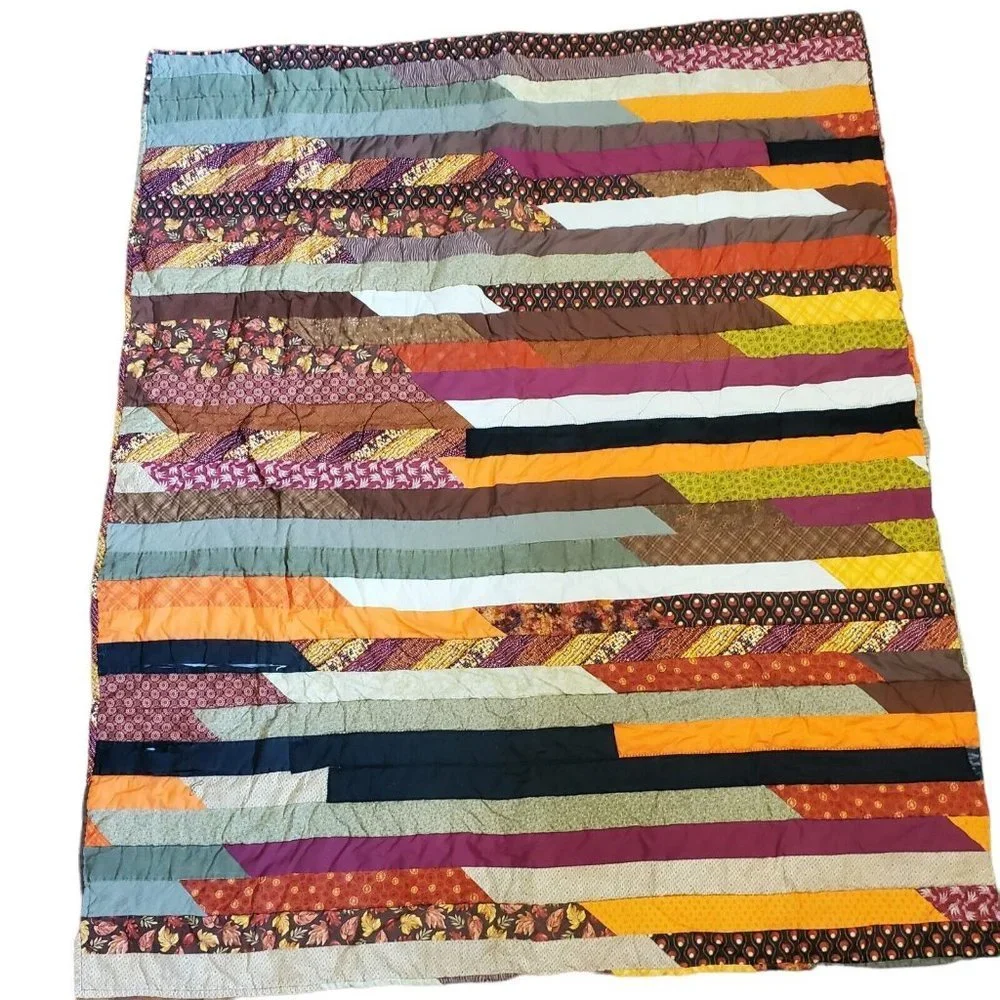 Handmade Jelly Roll‎ Fall Autumn Leaf Quilt Brown Orange NEEDS REPAIR 62x48